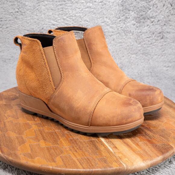 Sorel Evie Wedge Bootie Pull On Ankle Boot Suede Leather Tan Size 7 - Picture 1 of 8